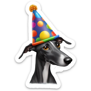 Black greyhound wearing a clown hat sticker