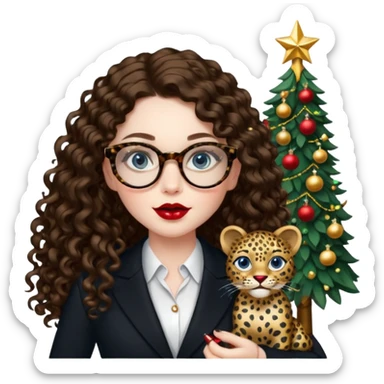 A girl with white pale skin, blue eyes, full lips, brunette long curly hair. She has a leopard print round-ish shaped glasses. She is wearing a all black suit. And she has red lipstick. She is putting gold ornaments happily to a christmas tree. sticker