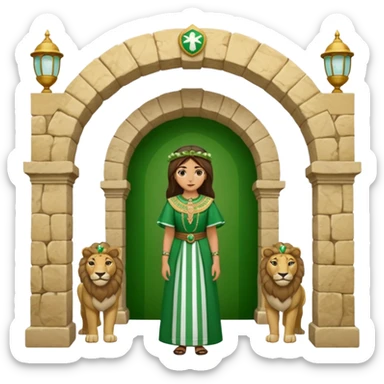 Andalousie drapeau 2 bande verte qui et une bande blanche au milieu avec une femme avec 1 lion de chaque coter d’elle sous un arc en pierre  sticker