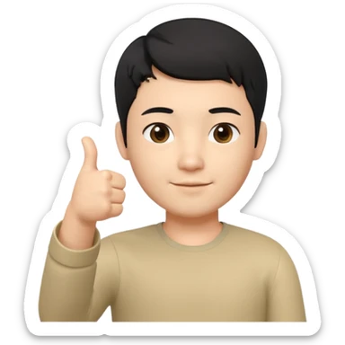 3D avatar of a Korean male frontend developer,
short black hair with clean 5:5 middle part,
no glasses,
one hand making thumbs up gesture,
calm and friendly expression,
minimal professional style sticker