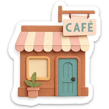 cozy coffee shop entrance with pastel hanging sign and cute details, hand-drawn soft pastel style sticker