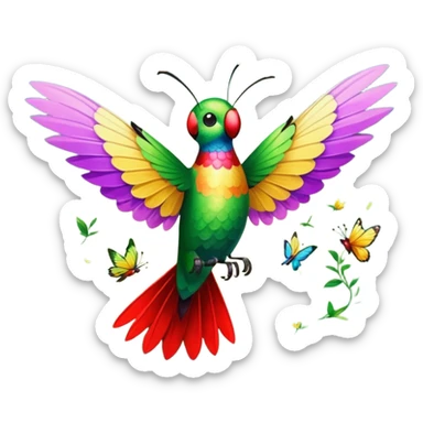 La la mañana se alegra entre flores y praderas ve avanzar mariposa bella y majestuosa entre colibrís sticker