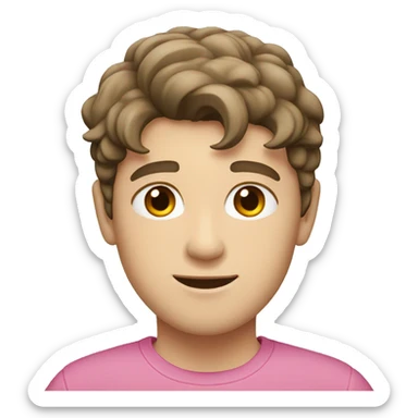 White boy with dark brown hair flipped to the side. Pink shirt.  sticker