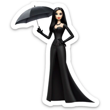 Stunning in the Spotlight Barbie, teen Morticia Addams,showing off, show full body,accessories  gloves umbrella  sticker