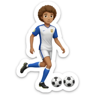 Slightly tan tall fit man with brown fluffy hair and a soccer jersey sticker