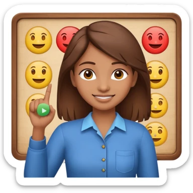 Make an emoji of a Indian origin but fair skinned girl with brown hair who is teaching how to make emojis on a board pointing to the board like a teacher sticker