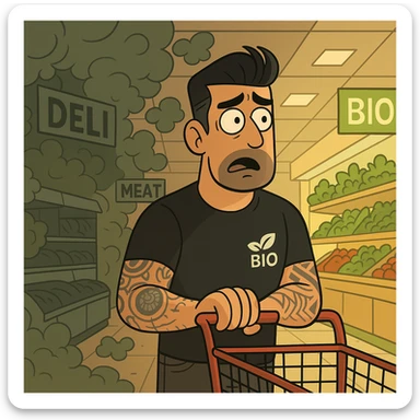 A cartoon style man in a supermarket where all departments are enveloped in a toxic cloud except the BIO department, which is bright and clean. The man has a surprised or worried expression. The atmosphere is ironic and caricatural. sticker