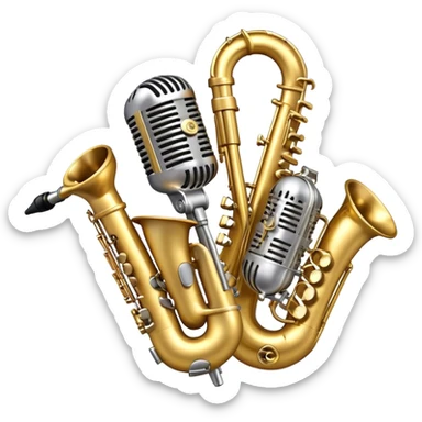 Create an artistic and dynamic emoji representing jazz vocal performance, featuring a vintage microphone as the central focus. Surround the microphone with traditional jazz instruments, such as a saxophone, trumpet, and upright bass, arranged in a harmonious, flowing design. Add musical notes and sound waves emanating from the microphone to symbolize the improvisational and expressive nature of jazz vocals. The instruments should have a polished, classic appearance with metallic gold and silver accents. Use rich colors like deep black, gold, and burgundy to evoke the sophisticated and soulful atmosphere of a jazz club. The background should be transparent. sticker