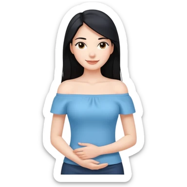 cewe ramah Kulit putih bersih, rambut hitam panjang sleek lurus. Pakai atasan biru muda off the shoulder . Pose tangan di pinggang, tatapan senyum percaya diri. sticker