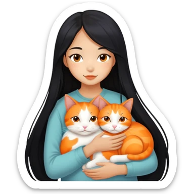 Oriental Asian girl with long black hair snuggling with an orange and white cat, cat is mostly white with orange patches, the girl is holding the cat lovingly sticker