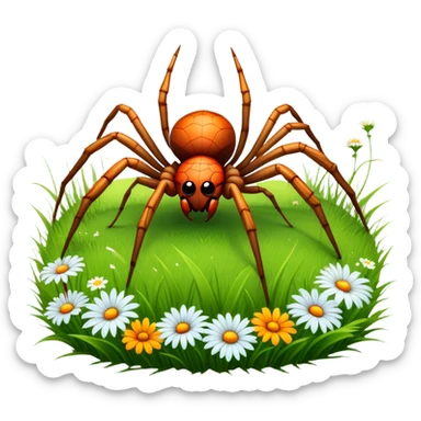 Huge spider sitting on grass with flowers, surrounded by a lush meadow. Detailed legs and body, with soft natural lighting enhancing its texture. Calm, serene background with vibrant greenery and a clear sky. Transparent background. sticker