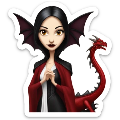 Lavish Victorian evening gown, young Morticia Addams Jedi wearing a mini tiara, riding on the back of a very large blood red evil-looking fire-spewing horned dragon sticker