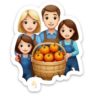 family picking apples and pumpkins together, autumn background, joyful sticker