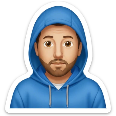 Adam Sandler with a beard in a blue hoodie with the hood on sticker