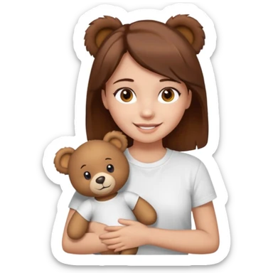 A Girl with Brown hair and Brown eyes with a t-shirt White. The t-shirt have dels a Teddy bearthe Gor have White skins and she is smiling sticker