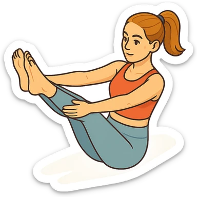 girl in cute yoga outfit performing boat pose (Navasana), 2D isometric style, very detailed facial features, elongated body, many shadows and highlights, clean contours, soft lighting, transparent background sticker