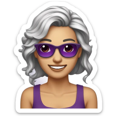mujer-piel blanca-con gafas-sonriendo-camisa morada-pelo corto hasta el hombro-cabello color cafe,con un computador,muy detallada sticker
