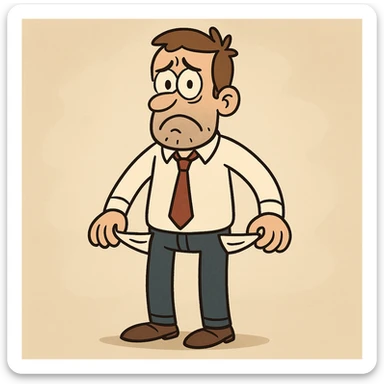 a flat toon man with empty pockets and a worried face, symbolizing unemployment sticker