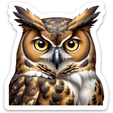 Cinematic Deep Thought Great Horned Owl Portrait Emoji, Head held high with a calm, reflective gaze, showcasing a beautifully mottled plumage and piercing golden eyes that seem to ponder the mysteries of the night, Simplified yet majestically refined features, highly detailed, glowing with a soft, contemplative light, high shine, poised and thoughtful, stylized with an air of profound introspection, capturing the essence of an owl deeply engaged in thought, so thoughtful it feels like it could silently share timeless secrets from beyond the screen! sticker
