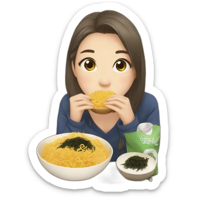 Girl watching television about kpop while eating toasted seaweed sticker