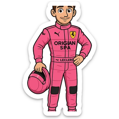 Charles Leclerc in pink F1 racing suit, standing pose, cartoon style sticker