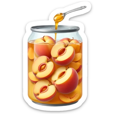 open metal can filled with golden peach halves submerged in glossy light syrup, smooth plump slightly translucent fruit pieces nestled in clear liquid, simple can no label or branding, apple emoji style, soft lighting, subtle shadows, transparent background, emoji scale sticker