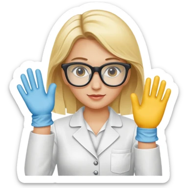 Eine hellblonde Chemikerin mit Kittel, Handschuhen großer Labor-Sicherheitsbrille und typischem Erlmeyerkolben in der Hand sticker