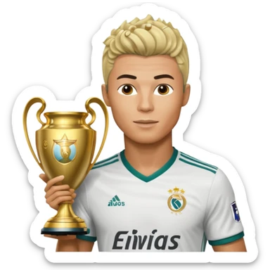 Cristiano Ronaldo holfing the champions league with noodle hair a bit longer noodle hair with a bit of blonde highlights and tge hair xoming down a bit just a bit of blonde not completely sticker