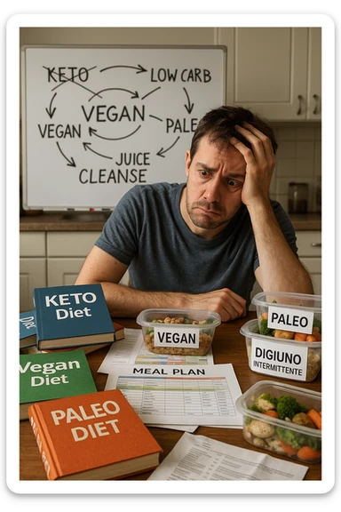 Confused man in his 30s sitting at a kitchen table cluttered with various diet books, meal plans, and food containers labeled keto, vegan, paleo, DIGIUNO INTERMITTENTE. He holds his head with one hand, looking overwhelmed and frustrated. The background shows a whiteboard full of crossed-out diet names and arrows going in circles. Expression: mental fatigue, indecision, information overload. Soft lighting, slight mess to emphasize his struggle. sticker