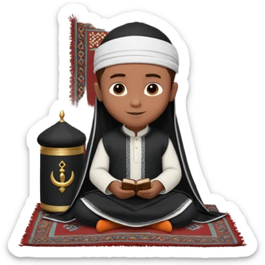 Personnage 3D mignon en style Pixar, un petit garçon portant un qamis blanc et un kufi, tenant un tapis de prière, entouré de lanternes brillantes, fond doux, couleurs chaudes, garçon teint noir TENANT UN APPAREIL PHOTO sticker