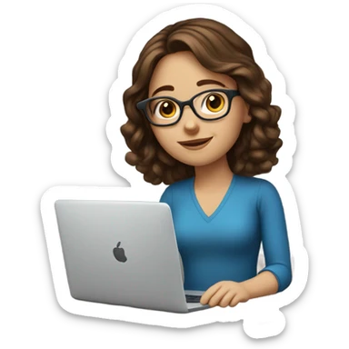 Beautiful girl with brown hair, blue eyes, glasses and laptop sticker