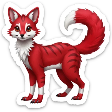 Feral Rare Fantasy   bright cherry-red fur with clean snow-white chest and muzzle Vernid-Sergal-Genet-Trico-species by LiLaiRa, random markings, tufted tail, tufted ears, full body sticker