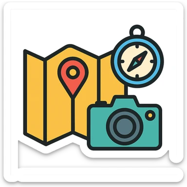 a map with a compass and a camera sticker