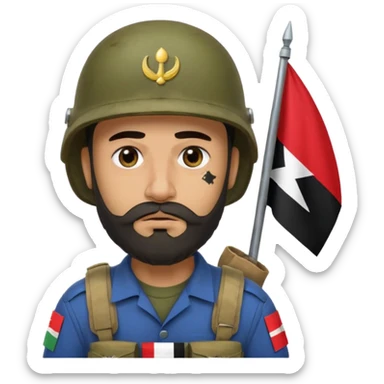 A very tired and sad, swarthy Iraqi soldier with a beard, an Iraqi flag on his helmet, a sad expression and bags under his eyes sticker