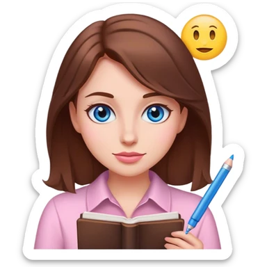 female writer with emoji face, brown hair and blue eyes writing a light pink romance novel sticker