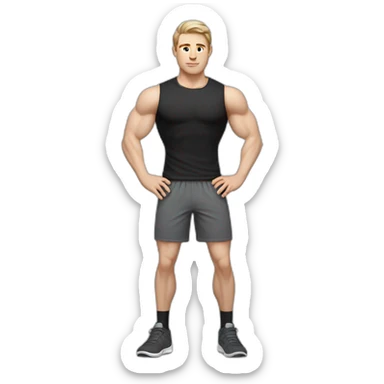 Idyll Pale skinned Fit Man With the biceps and dark brown hair in black shirt, gray sports shorts and white Sneakers sticker