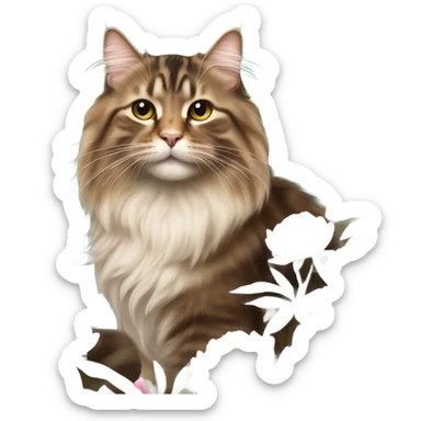 a long haired tabby in a field of peonies  sticker