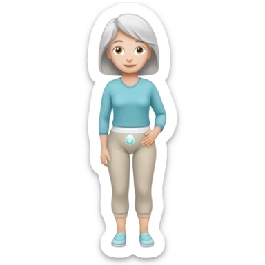 a Woman, mid 50 with light grey hair, wearing pampers (incontinence pants) sticker