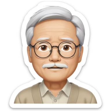 _cinematic-realistic-portrait-of-hayao-miyazaki,-depicted-with--large-rectangular-glasses,-his-happy-expression-rendered-in-lifelike-detail,-illuminated-with-soft,-realistic-lighting-that-emphasizes-his-creative-genius, his eyes shut   sticker