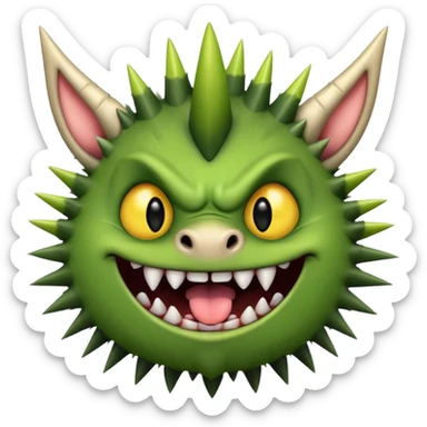A green monster with two small black horns, spiky fur, big round yellow eyes, and a wide grin showing sharp teeth with its tongue playfully sticking out.  sticker