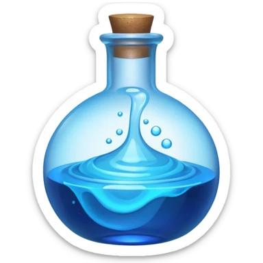 a neon blue potion tiled to the left with a round glass bottle no handle sticker