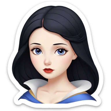 Cinematic Serene Snow White Portrait Emoji, rendered in a simplified vector style. Depict a gentle Snow White (chest and above) with flawless porcelain skin and flowing raven hair, her kind eyes and calm expression exuding a quiet, enchanting charm. The image glows softly with an inviting, pure light and is outlined with a subtle glow. sticker
