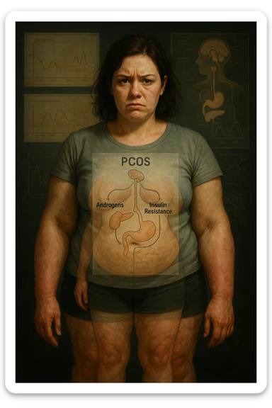 cinematic realistic in italiano Woman with PCOS struggling with hormonal chaos, transparent overlay showing elevated androgens and insulin resistance affecting her body, lipedema causing disproportionate fat accumulation in legs and arms despite normal torso, expression of frustration with unexplained weight gain, medical charts showing complex endocrine dysfunction, painful swollen limbs contrasting with metabolic confusion scrivi in italiano sticker