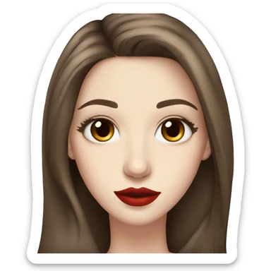 Long brown hair, brown eyes, pale skin, long eyelashes, red lips sticker