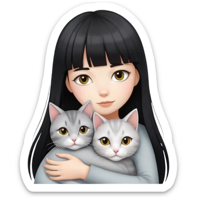 girl with long black  straight bangs hair and hugging two light grey-shared cats sticker