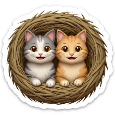 two happy cats sitting in a bird's nest, emoji style, smiling faces sticker