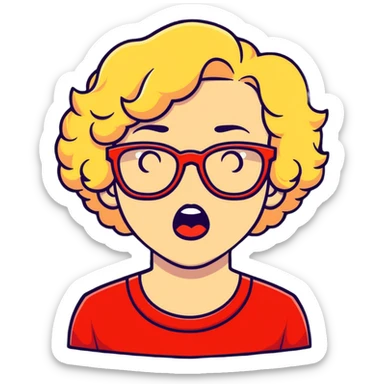 Blonde woman with short curly hair, slightly overweight, wearing red-framed glasses, shouting with hands on both sides of her mouth sticker