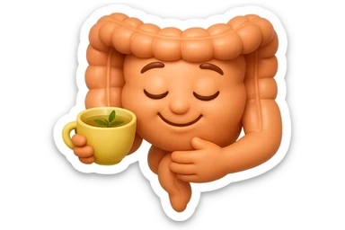 emoji stile iphone 3d di intestino umano sereno che si tocca la pancia mentre sorseggia un thè alle erbe, iperrealistico 4k sticker