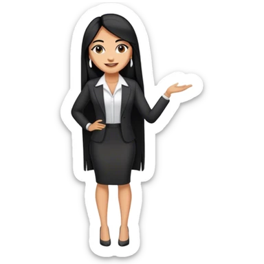 beautiful woman boss, with long straight black hair, with make up, black eye liner, smile, mexican, brown skin, wearing beautiful profesional outfit and white earings, full body sticker