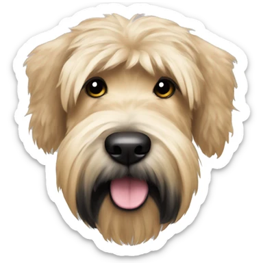 Wheaten terrier with fluffy long hair, black ears and black chin sticker